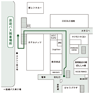 JR長岡駅東口改札を出てから和泉屋までの送迎バス発着場所までのルートを示す地図